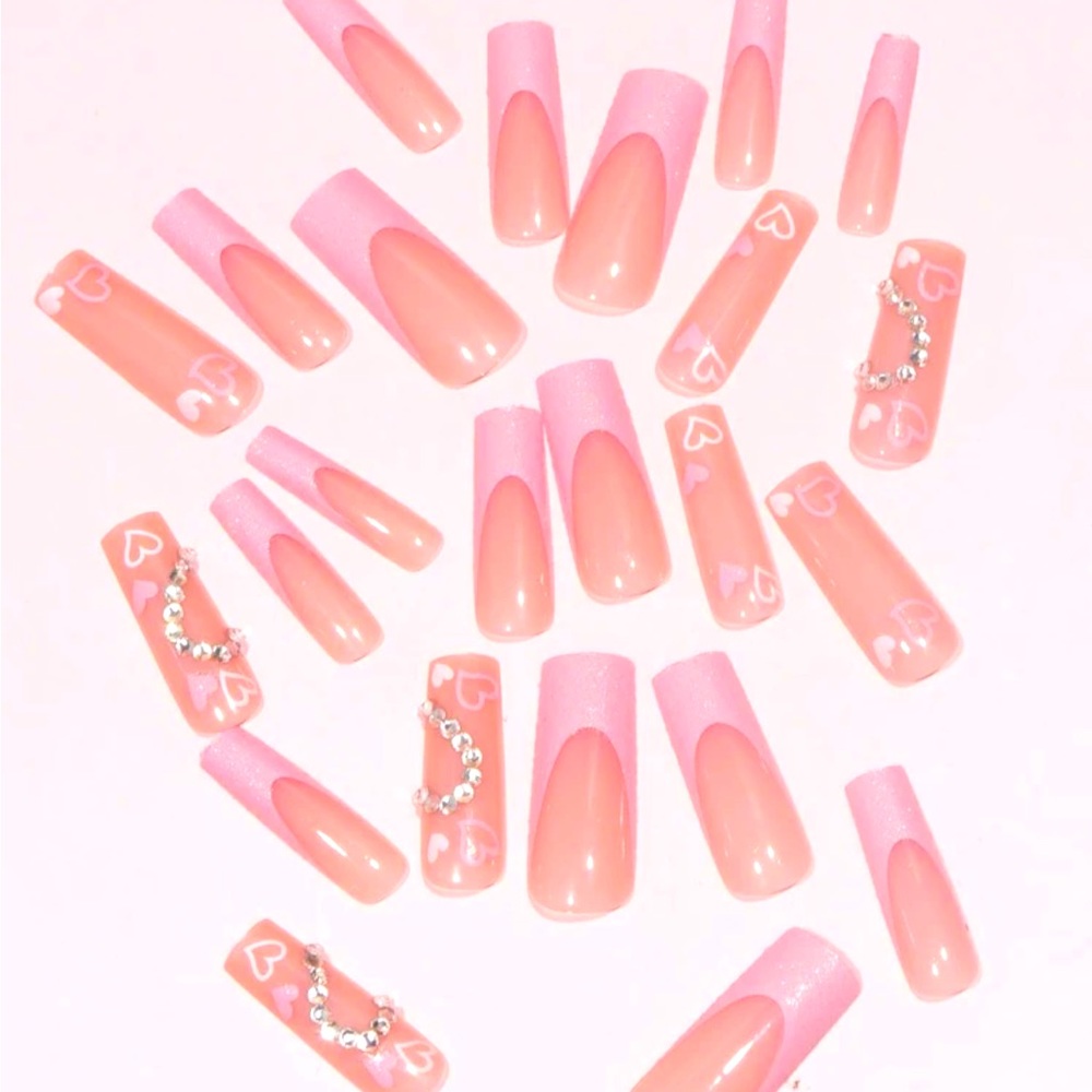 Pink hearts French tip press on nails